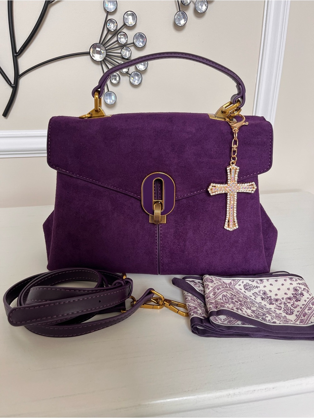 Plum Suede Top-Handle Satchel with Cross Charm